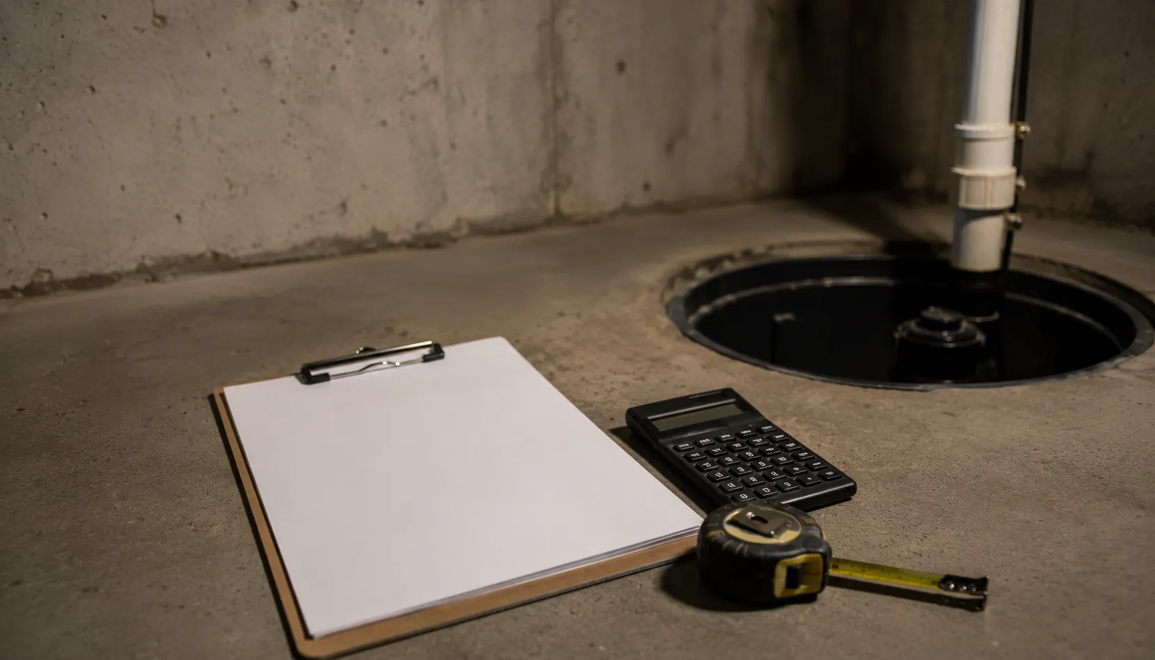 Clipboard, calculator and measuring tape on a basement floor next to a foundation wall and sump pump pit, suggesting the act of preparing a written quote