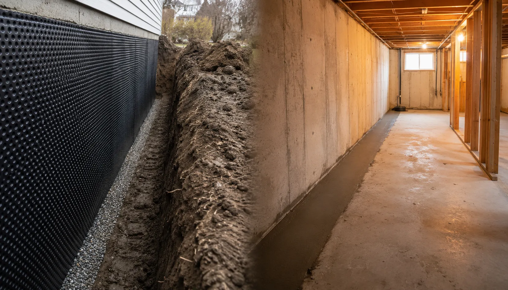 Side-by-side comparison of exterior excavation with dimpled membrane on the left and interior basement with new perimeter weeping tile on the right