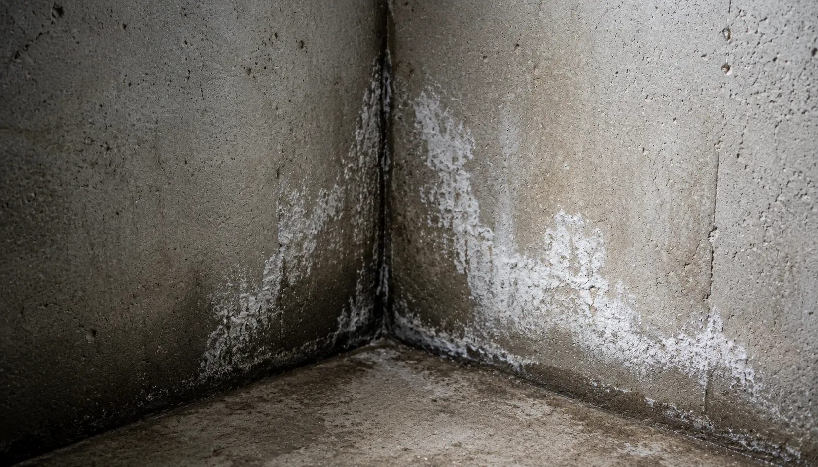 Close-up of a basement wall corner with white efflorescence mineral deposits and a faint dark damp patch spreading from the floor line, dramatic side-lighting